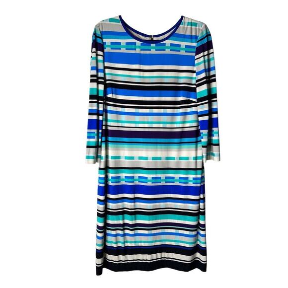 Eliza J Dress Size 14 Blue White Geometric Striped 3/4 Sleeve Knit Casual Shift - Picture 1 of 13